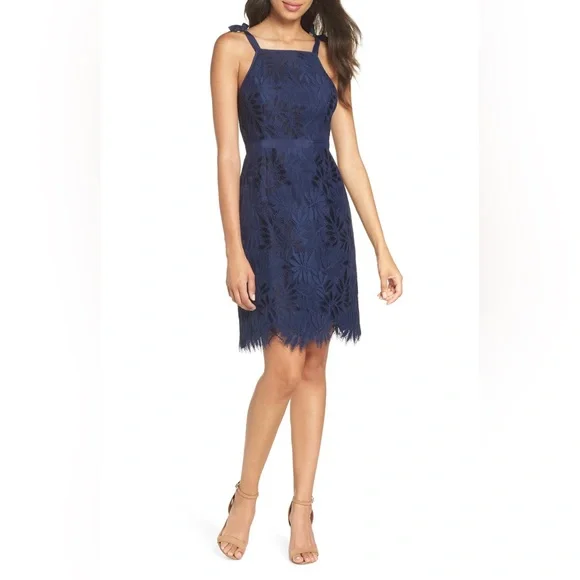 Lilly Pulitzer Kayleigh Shift Dress True Navy Blue Fern Gallery Bow Lace 12 Sun - Picture 2 of 11